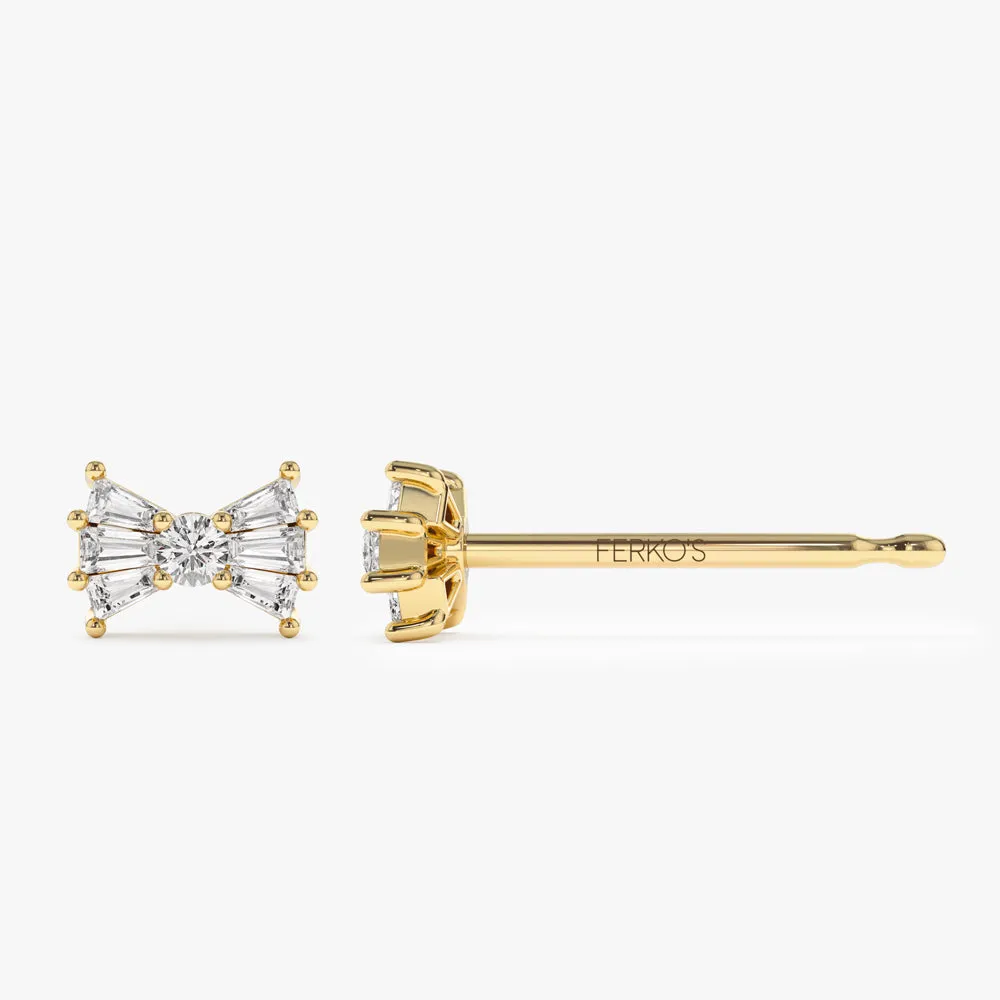 14k Baguette and Round Diamond Bow Stud Earrings