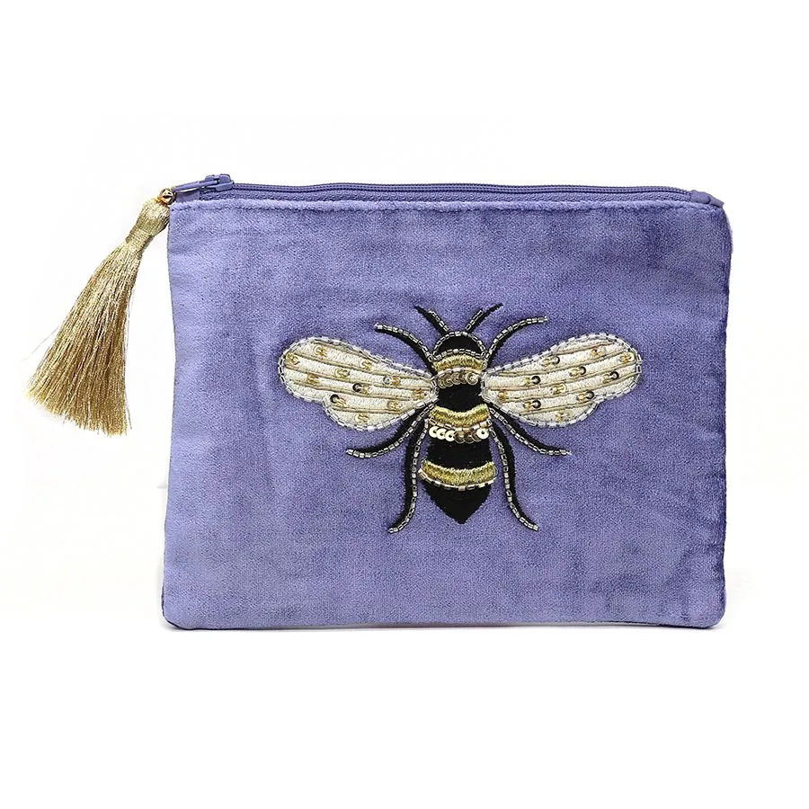 81513 Cornflower Embroidered And Beaded Bee Flat Velvet Purse By Pom