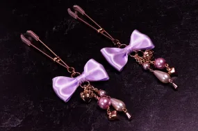 Deluxe Lilac Bow Tweezer Nipple Clamps in Rose Gold