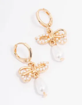 Gold Pearl Bow Drop Huggie Earrings