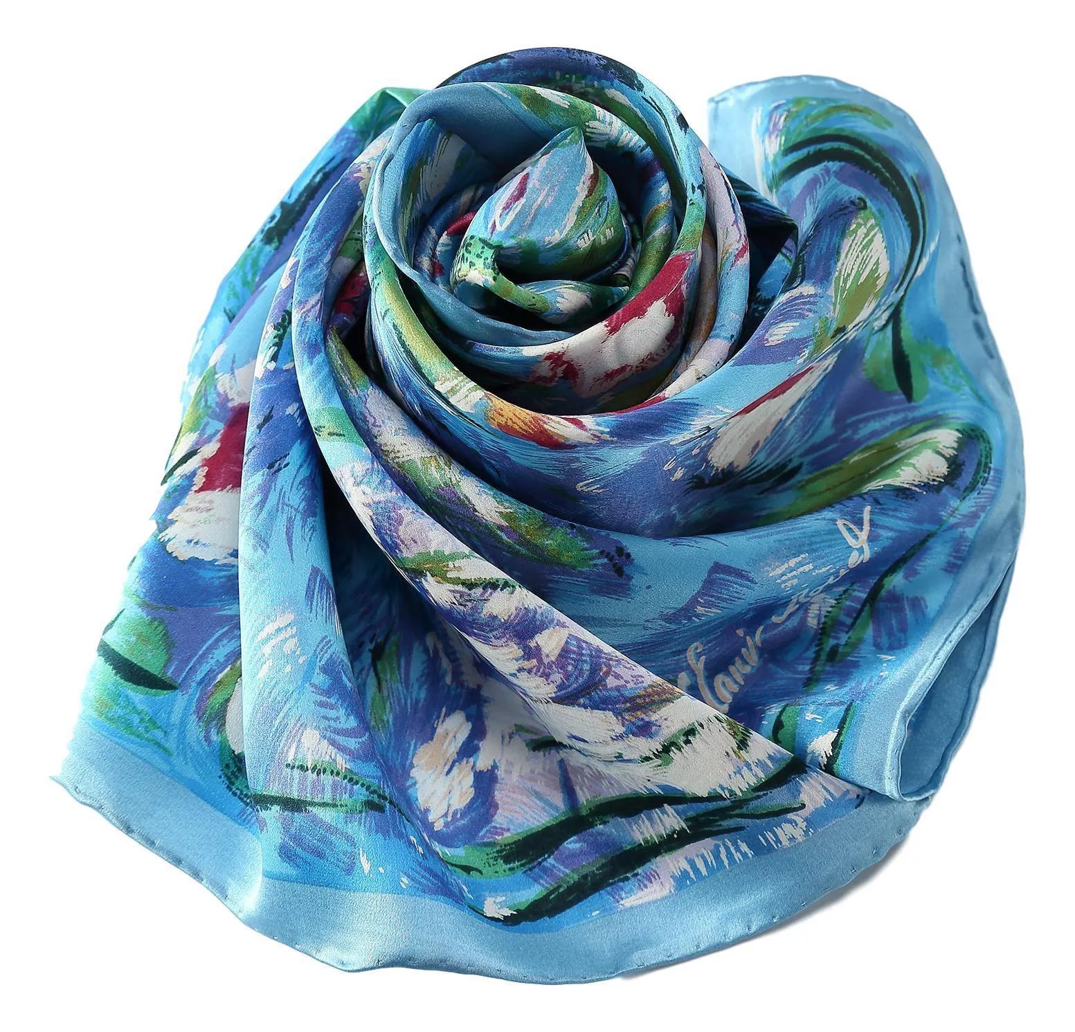 Long Charmeuse Silk Scarf with Classic Painting Blue Floral Print LZD111