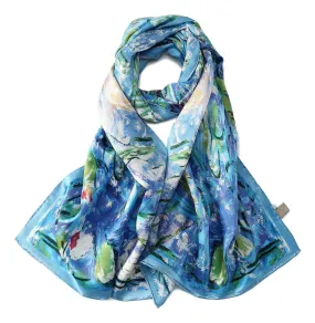 Long Charmeuse Silk Scarf with Classic Painting Blue Floral Print LZD111