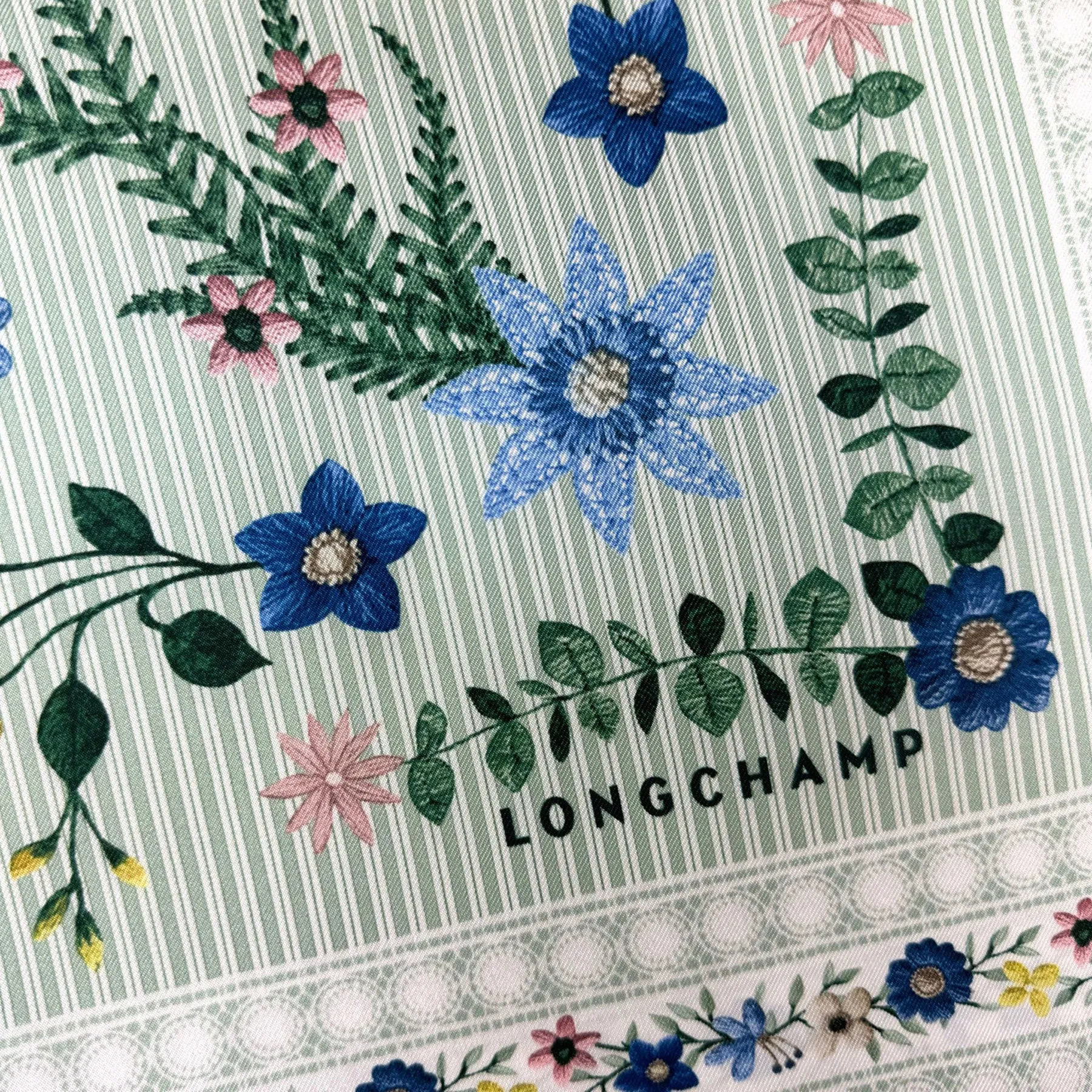 Longchamp Silk Scarf Green Blue Pink Floral Design - Square Foulard