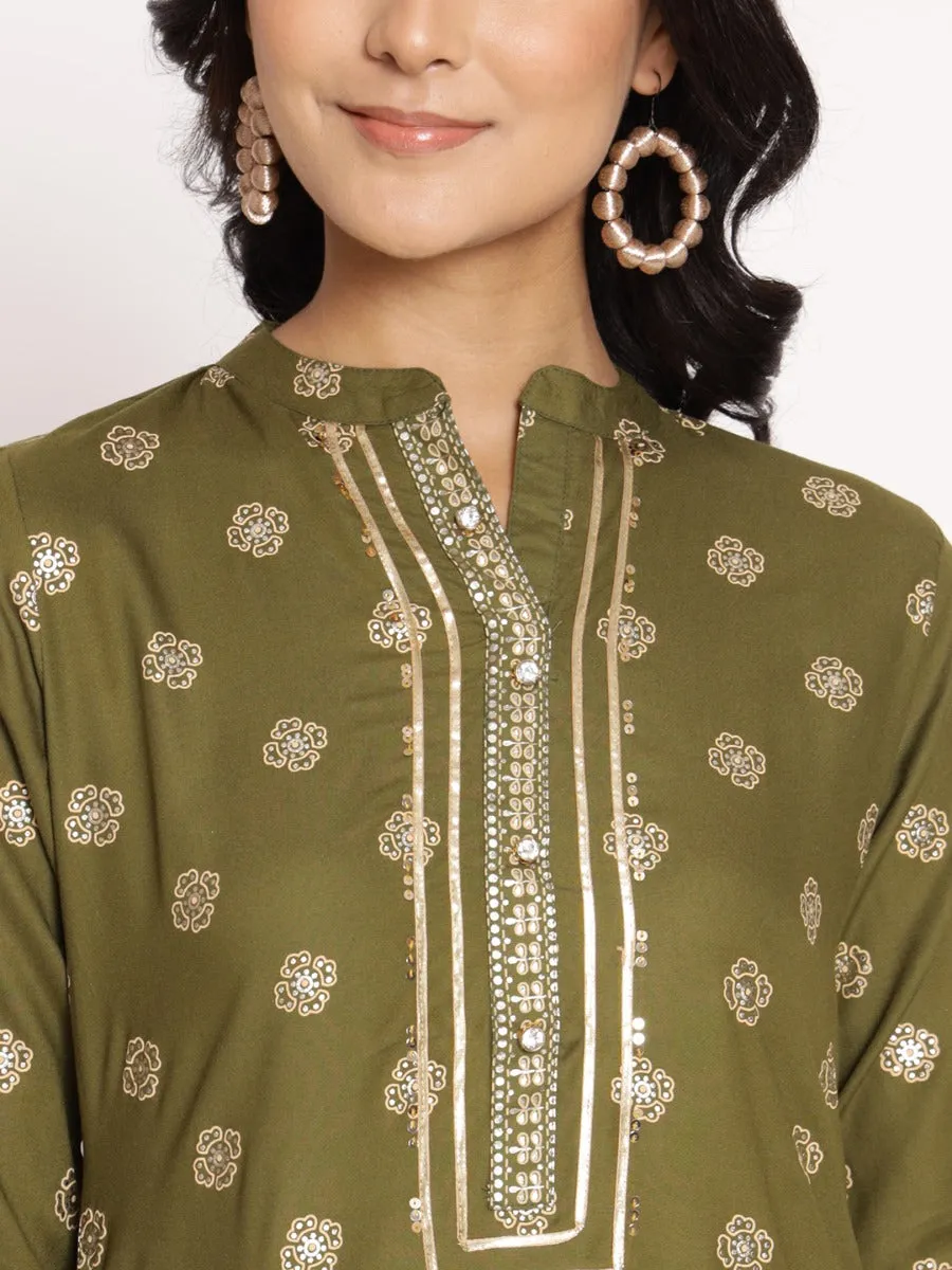 Olive Green Ornamental Printed Kurta