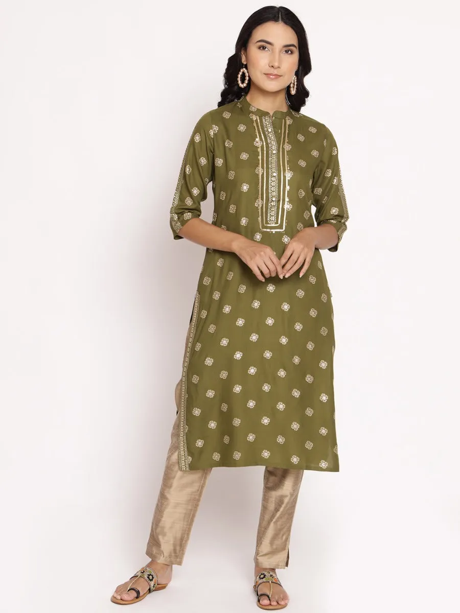 Olive Green Ornamental Printed Kurta