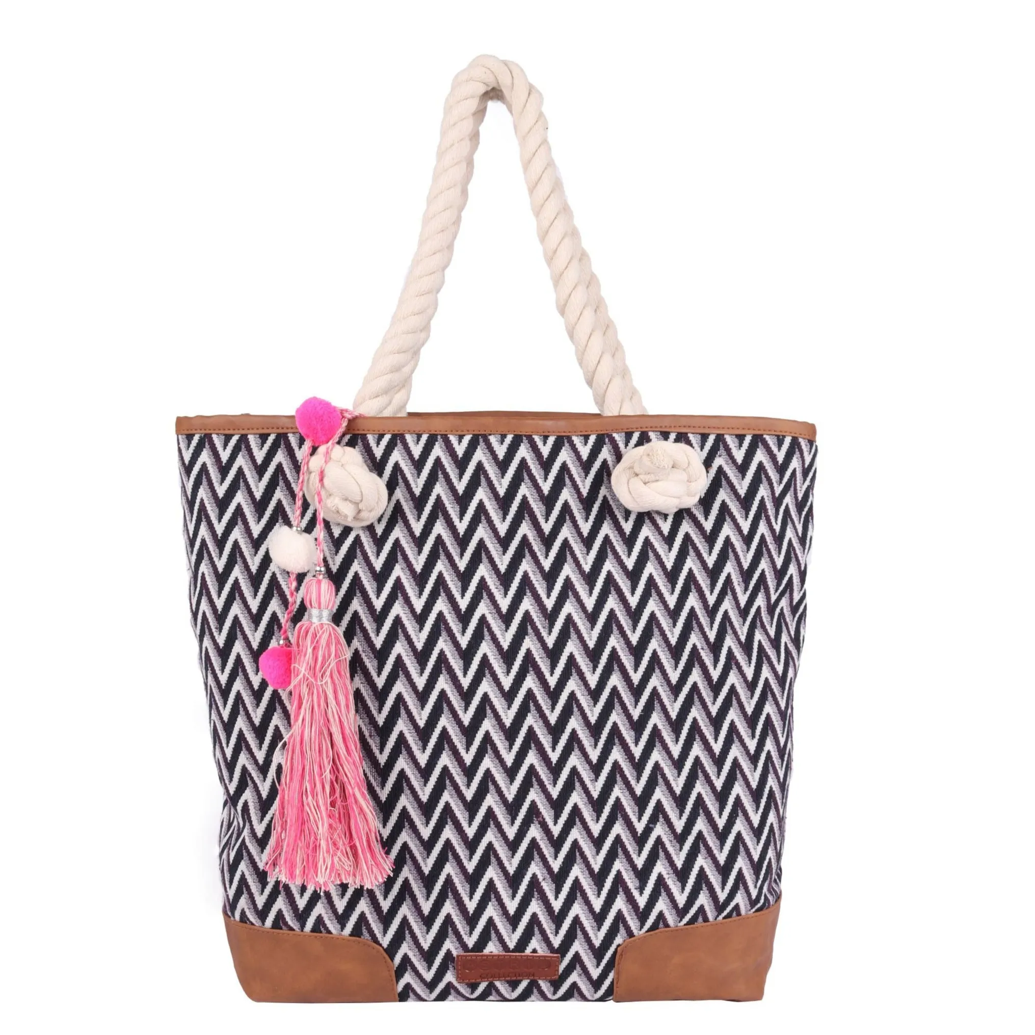 Purple & White Striped Womens Tote Bag Medium Size With Beautiful Tassel