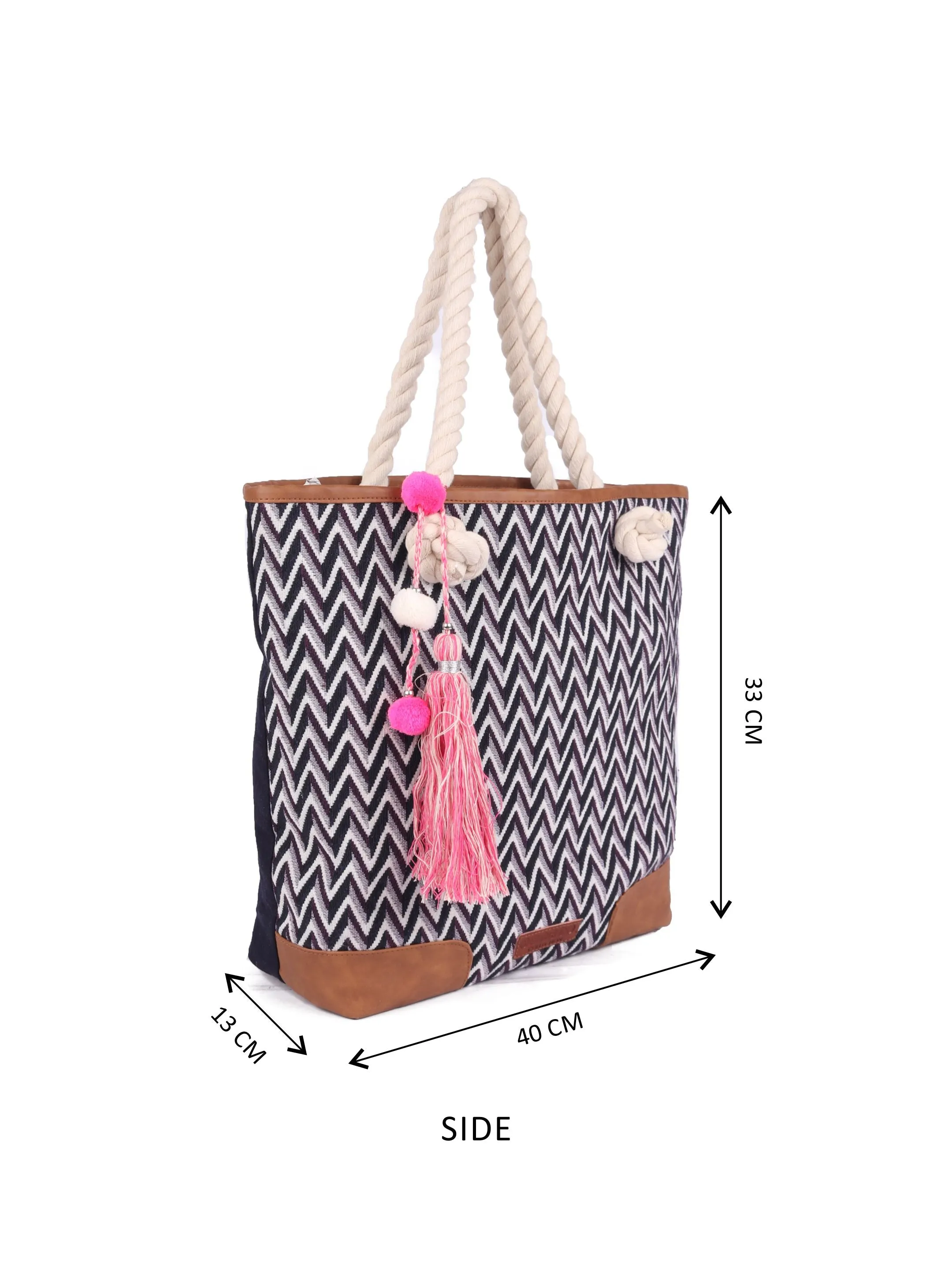 Purple & White Striped Womens Tote Bag Medium Size With Beautiful Tassel