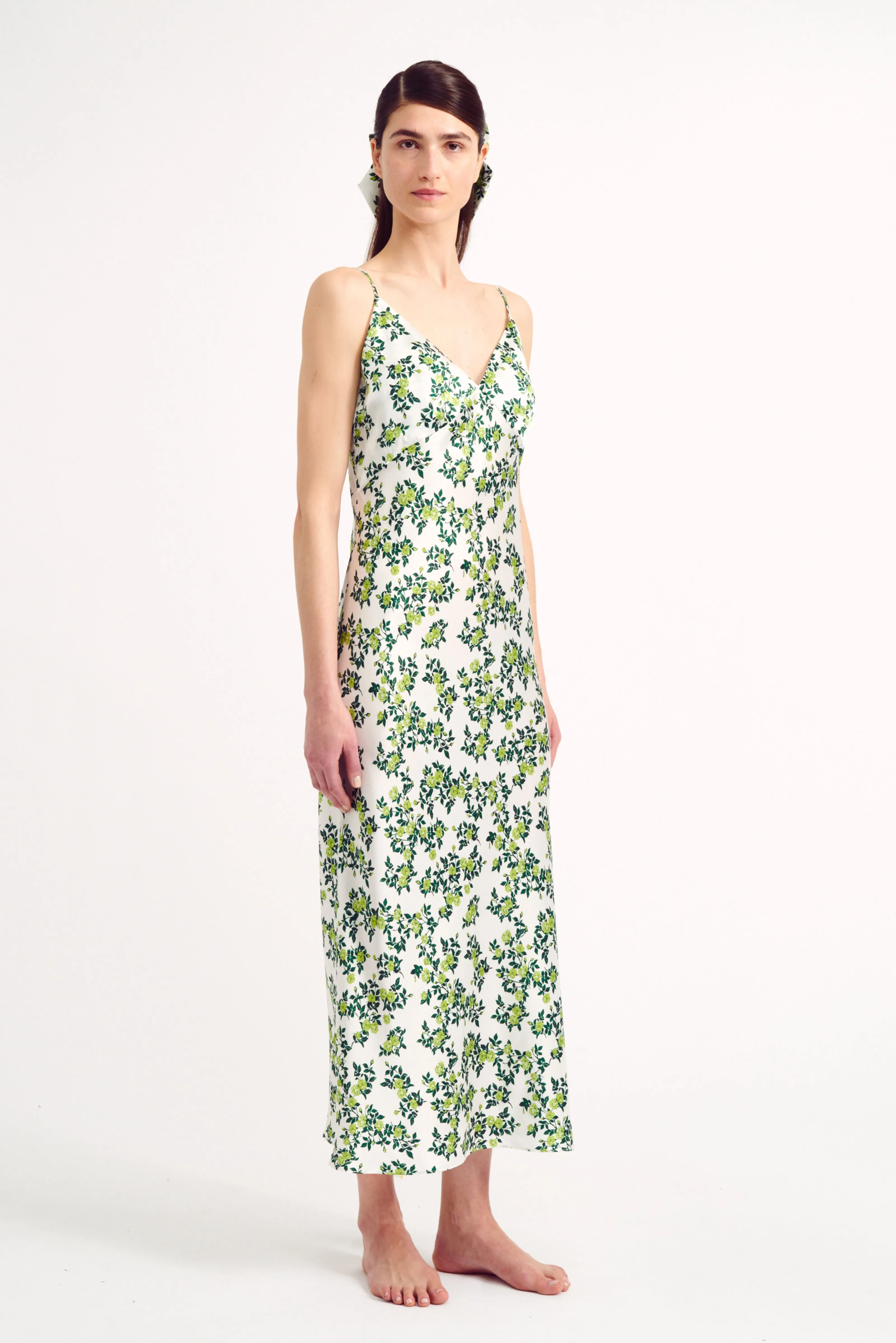 Trinny Chartreuse Roses On Ivory Silk Satin Slip Dress