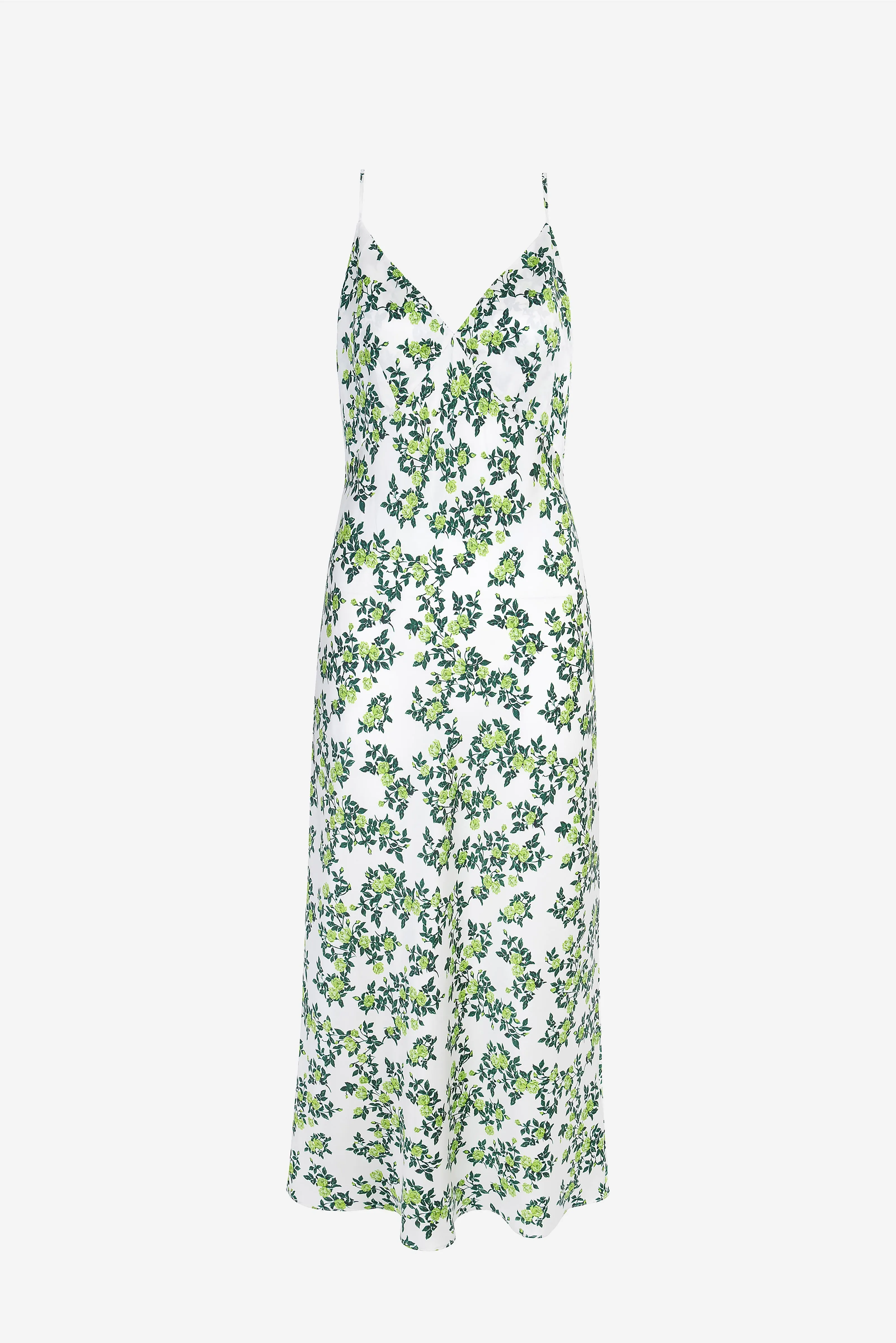 Trinny Chartreuse Roses On Ivory Silk Satin Slip Dress