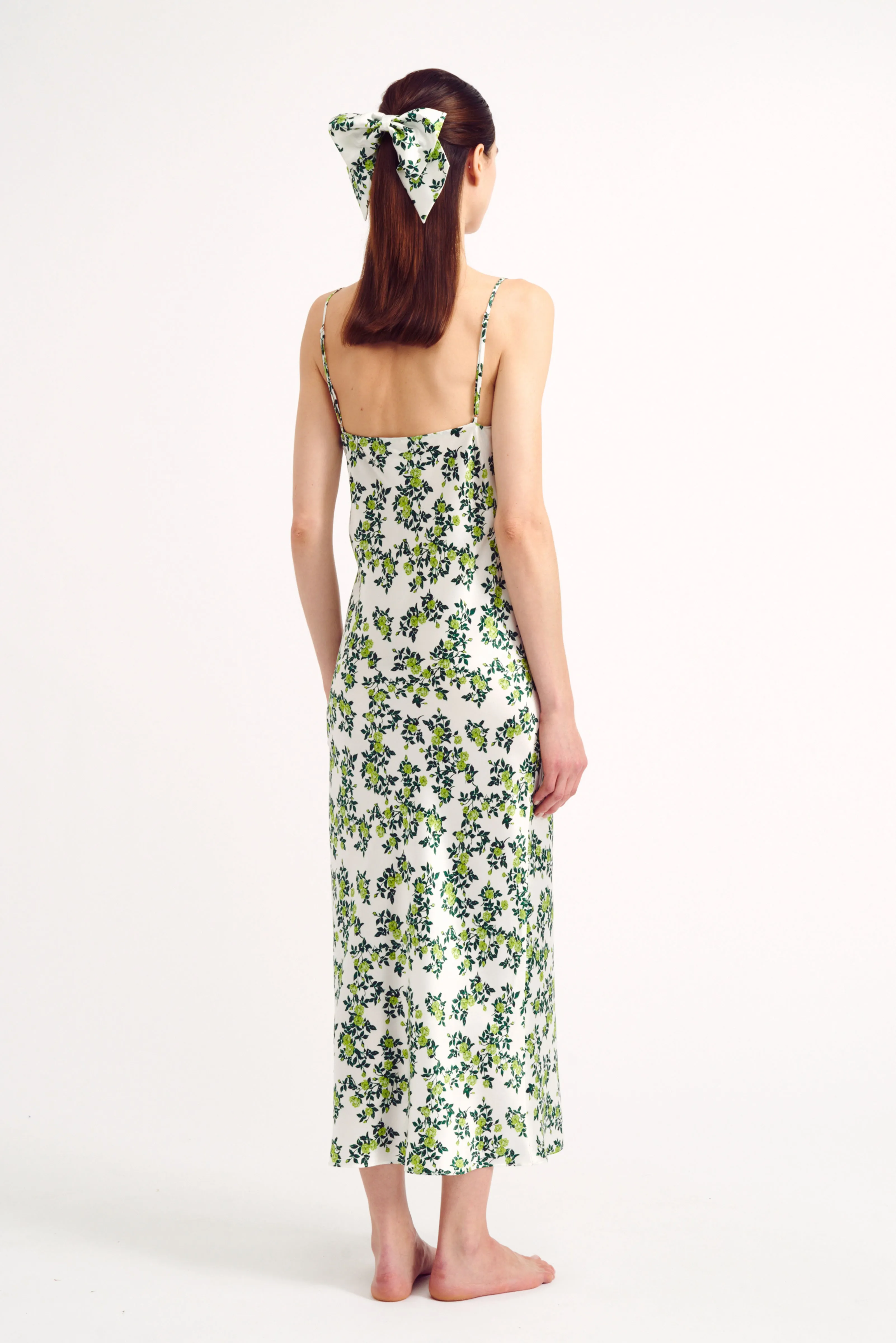 Trinny Chartreuse Roses On Ivory Silk Satin Slip Dress