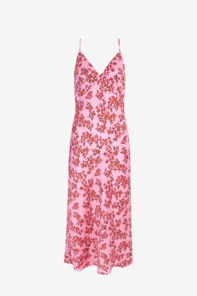 Trinny Red Roses On Pink Silk Satin Slip Dress